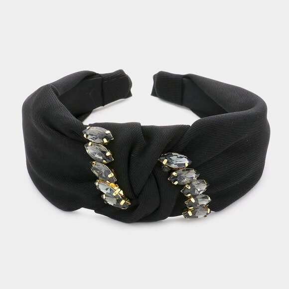 NEW Black Monochromatic Marquise Stone Fabric Embellished Knot Headband - Picture 1 of 1